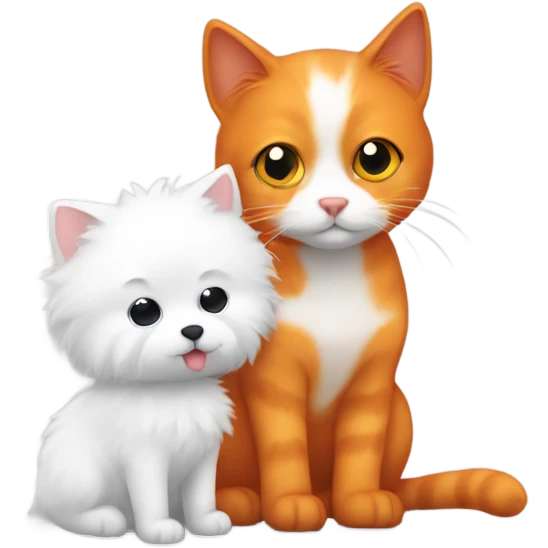 Orange cat and small white fluffy dog cuddling emoji