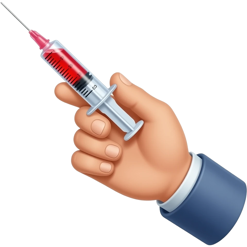 A dainty male hand holding a syringe with glowing neon-red liquid inside emoji