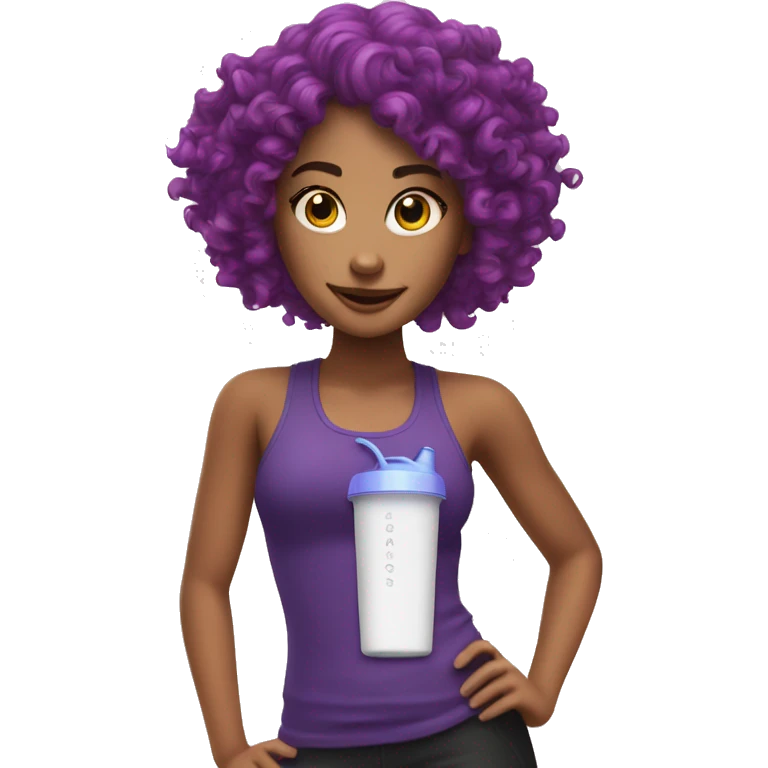 Girl with curly purple hair with a shaker with the brand fuxion on it  emoji