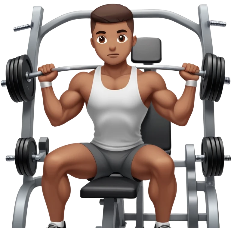 A focused athlete working out on a strength training machine in a modern gym. Muscles engaged, expression determined, demonstrating power and endurance. The gym is filled with equipment like dumbbells, barbells, and mirrors reflecting effort, creating a high-energy atmosphere. emoji