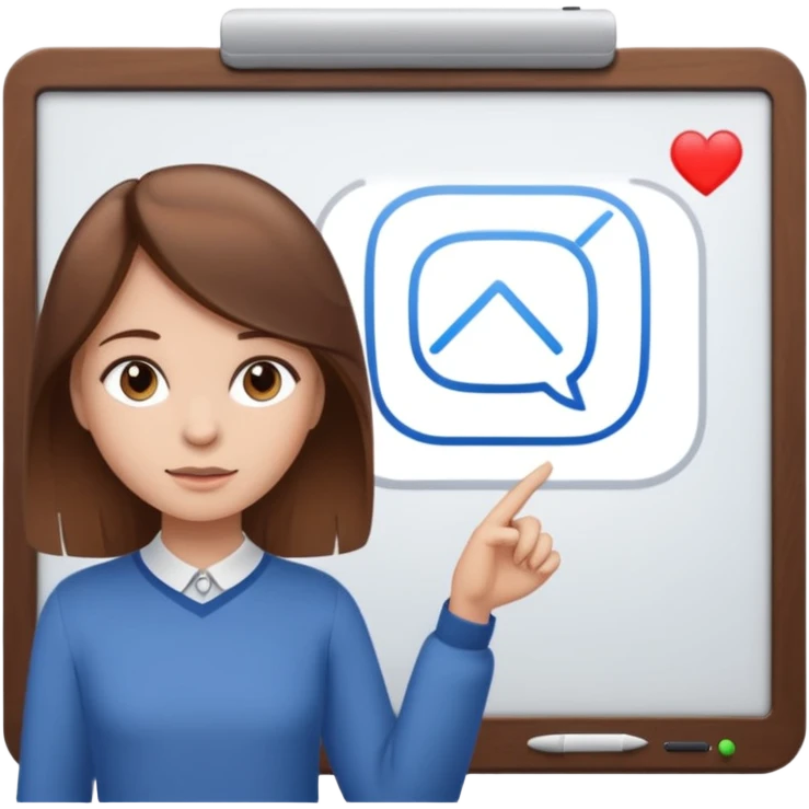 Make an emoji of a girl (no glasses) with brown hair who is teaching how to use iMessage on a board emoji