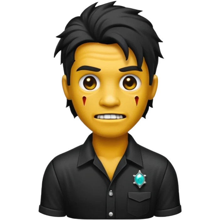 Emoji masculino de zumbi estilo iPhone,com cabelo ondulado mullet e preto, camisa preta e brincos de diamante  emoji