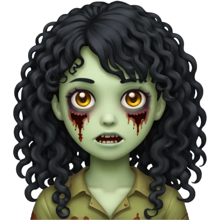 Emoji garota zombie com cabelo preto cacheado longo com franja cacheada sem volume emoji
