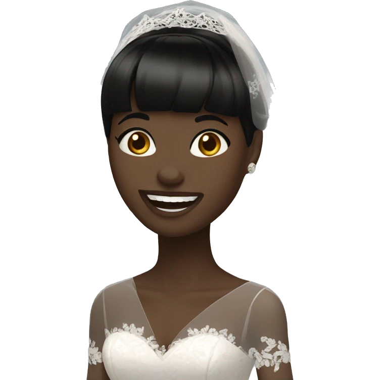 bride with very pale skin dark brown straight very short hair black lace dress and bangs laughing with veil emoji