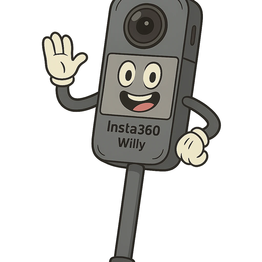 smiling Insta360 camera on a stick named Willy, simple and bold cartoon style emoji