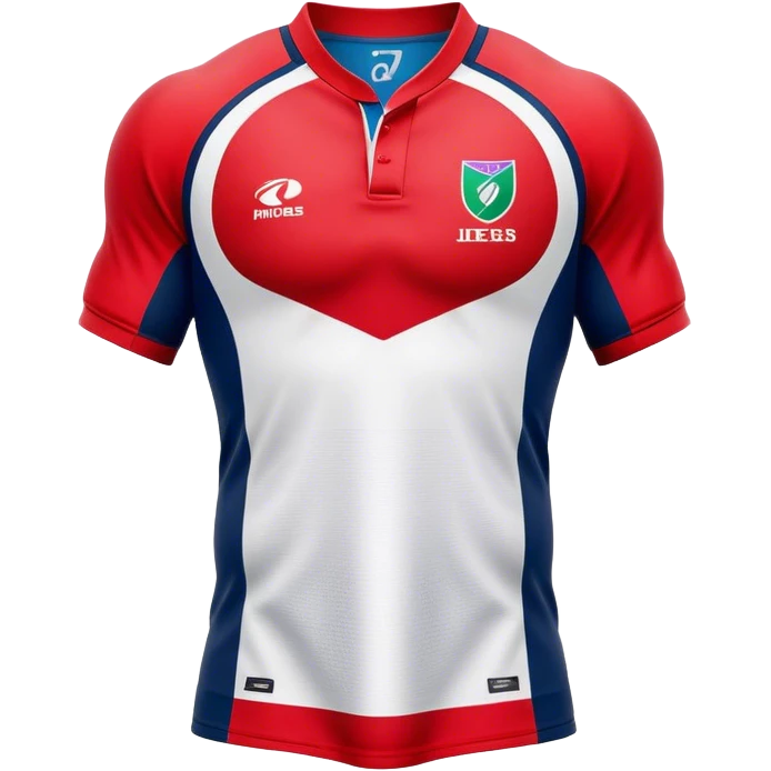 Cinematic Realistic image of a rugby jersey rendered in bold, dynamic team colors with intricately detailed fabric textures and natural creases, illuminated by dramatic stadium lighting emoji