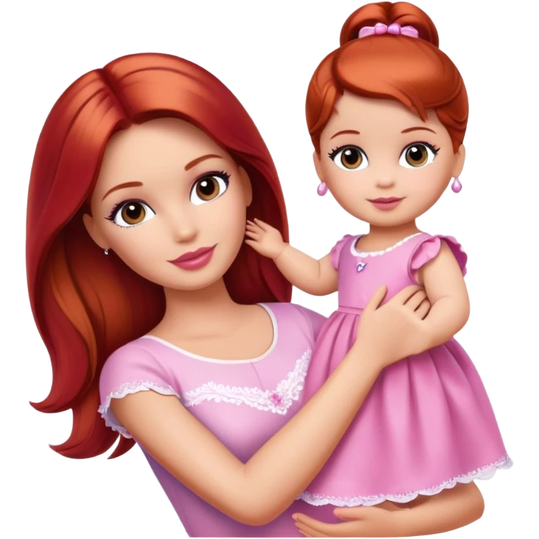 Barbie girl with makeup with brown hair with baby daughter girl with red hair by the hand emoji