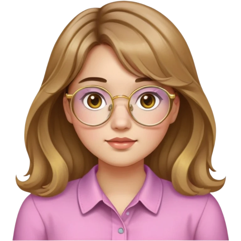 young adult woman with light skin, round face, prominent cheeks, medium plump body, long light brown hair with golden highlights, voluminous and wavy, long bangs over eyebrows, large octagonal glasses with thin golden or light pink frame, casual dark shirt emoji