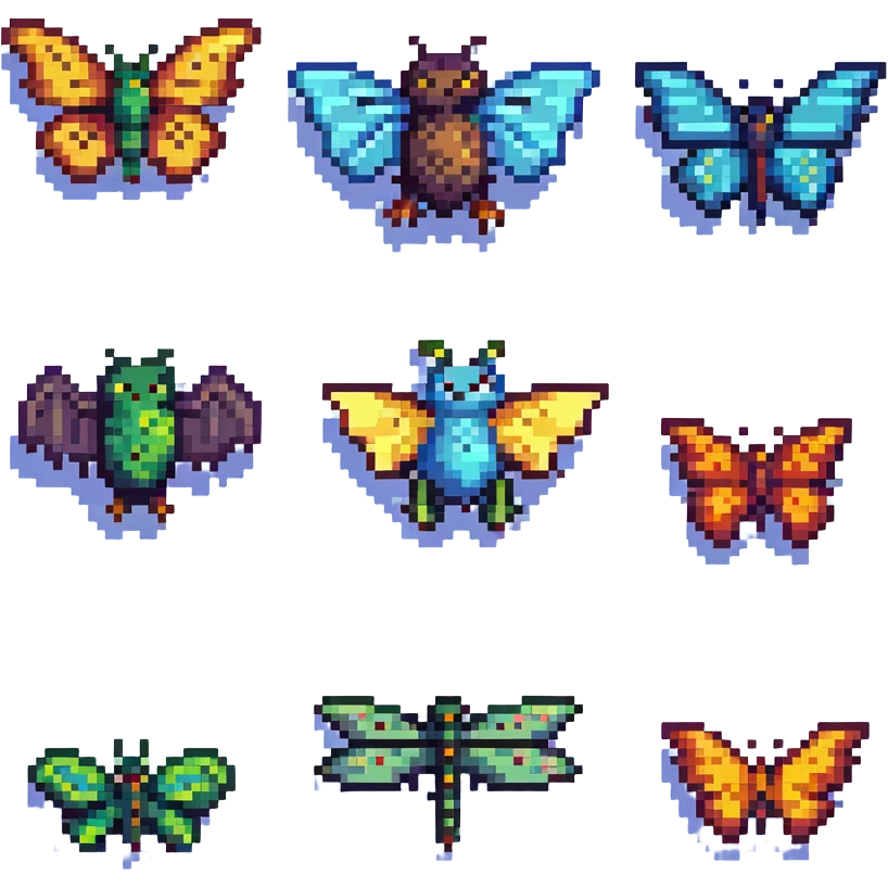 a lineup of winged animals including a bird, bat, butterfly, and dragonfly in pixel art style emoji