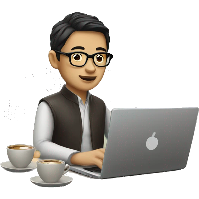 a asian human wear glasses is working on a laptop with a cup of coffee emoji
