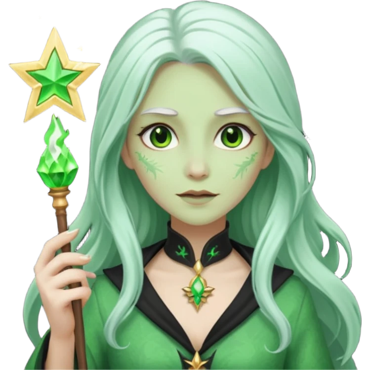 Woman with green skin color with white color long hair and carrying a magic wand emoji
