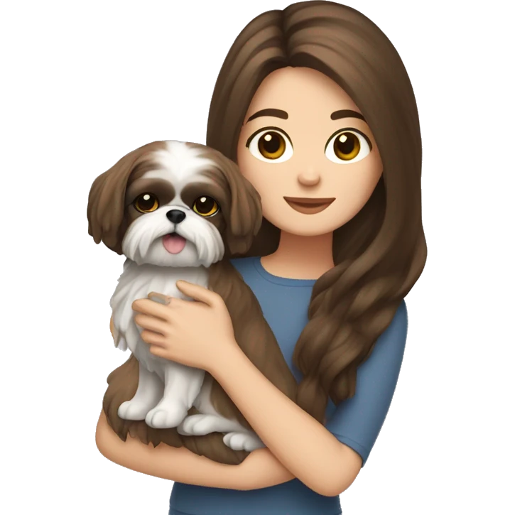 Young brunette hair woman with a shih tzu in her arms long hair emoji