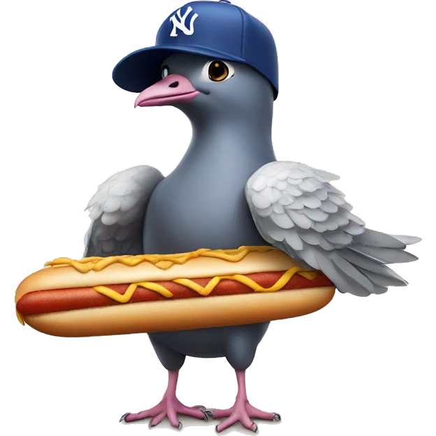 pigeon wearing a blue New York yankee hat while standing on top of a hotdog emoji