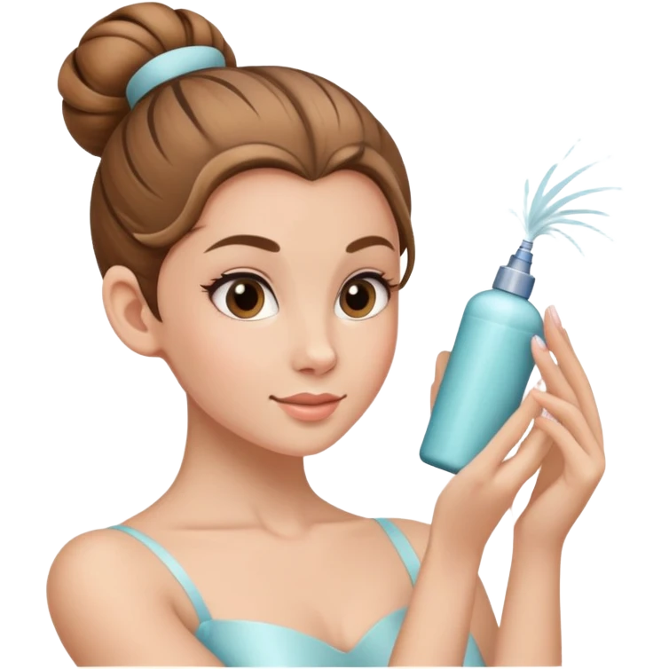 light brown haired ballerina spraying hairspray on her bun emoji