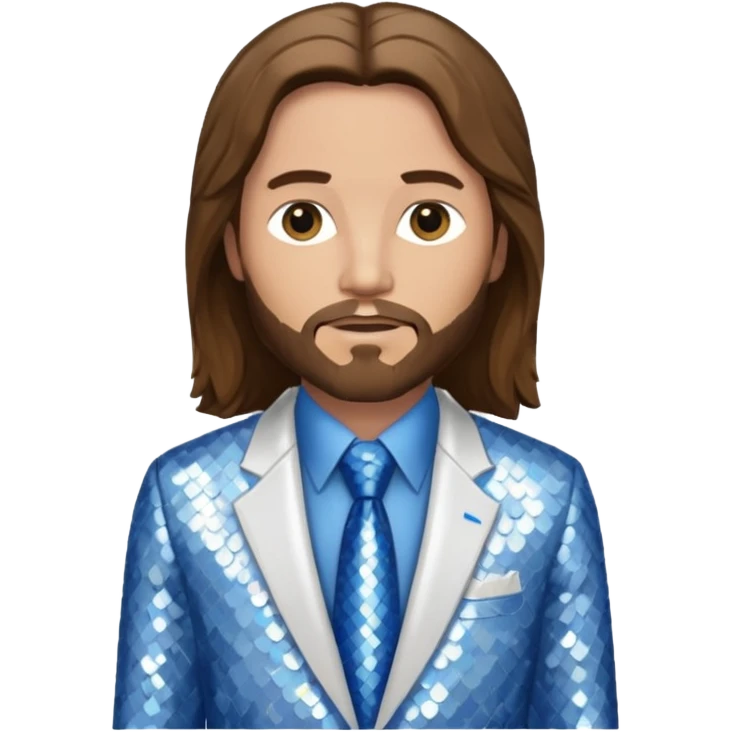 Jesus Christ from Christian Mythology with long brown hair, white sequin suit jacket and tie, blue shirt emoji