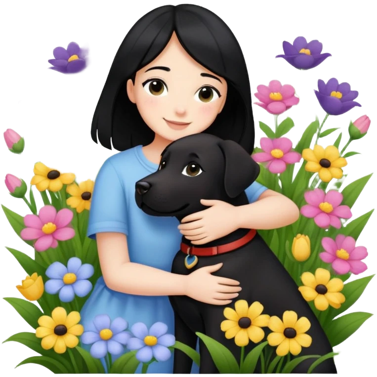 A black-haired girl happily hugs a black Labrador in the flowers emoji