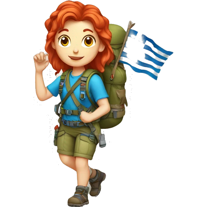 Female mountain climber red hair climbing with Greek flag on backpack and holding Easter eggs basket emoji