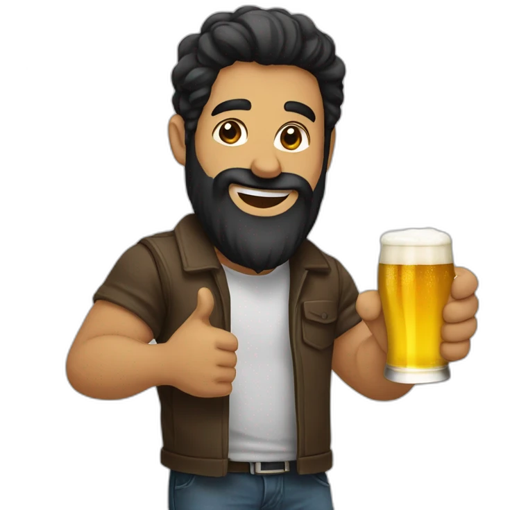 Man black hair anda beard with a beer anda thumb up emoji