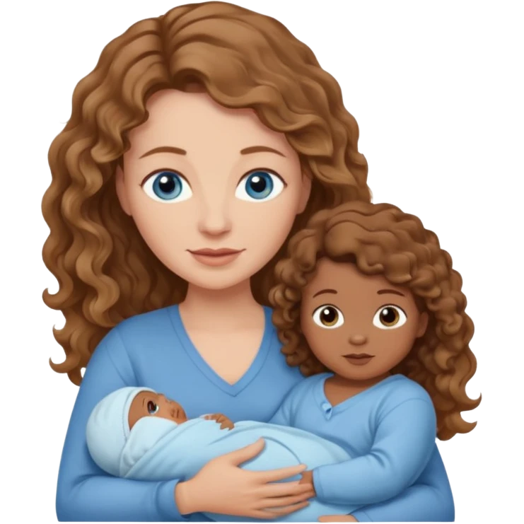 Light brown Caucasian wavy haired mom and blue eyeswith and brown skinned newborn baby. No other child emoji