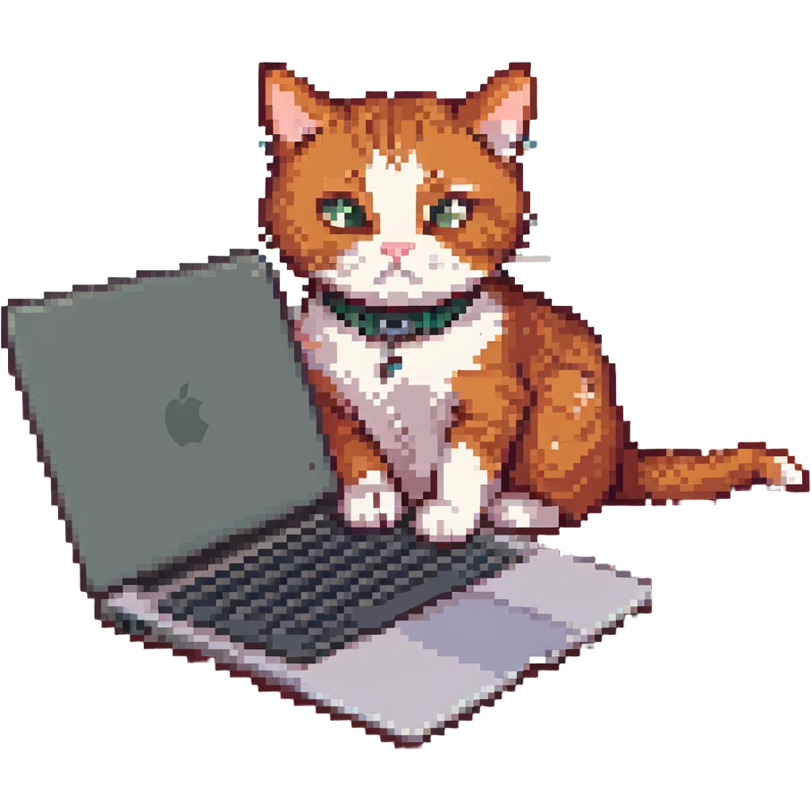 redhead cat typing intensely on a MacBook, determined expression, playful, pixel art style emoji