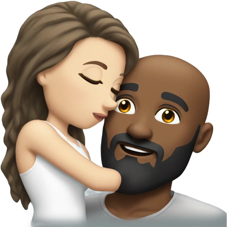 White brunette kissing muscular black bald man with beard emoji