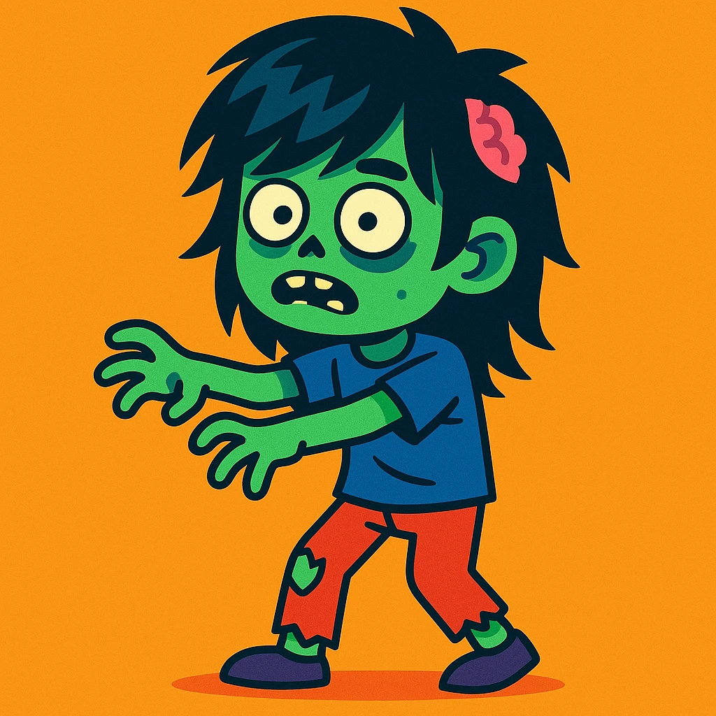 boy zombie with long black wolf cut hair, cartoon style emoji