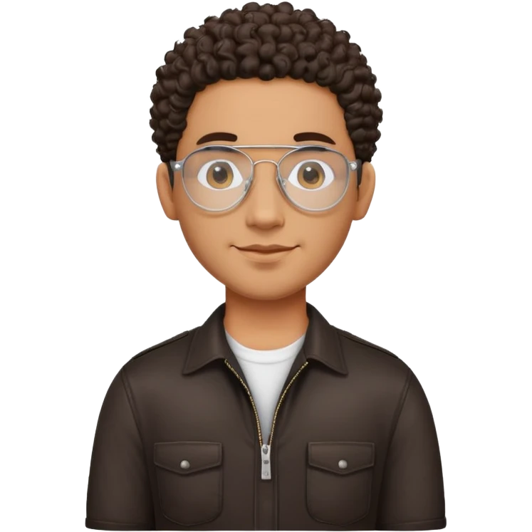 Latino man with oval face, clear lens aviator glasses with metal frames, bald sides with curly hair on top, friendly expression, brown skin, black shirt emoji
