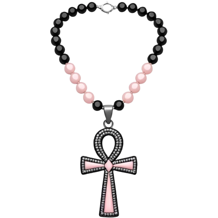 Black beaded necklace with light pink and silver ankh  emoji