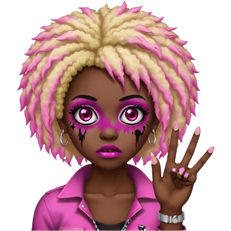 girl, zombie,pink and blonde afro, medium long, emo, shaggy, dark, spooky,double eyebrow dermal piercing, two fingers up emoji