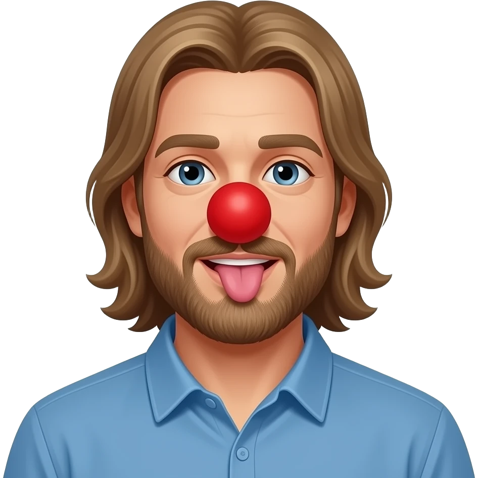 Really long light Brown hair man in blue shirt with beard Licking butt with red foam clown nose in Apple person emoji format emoji