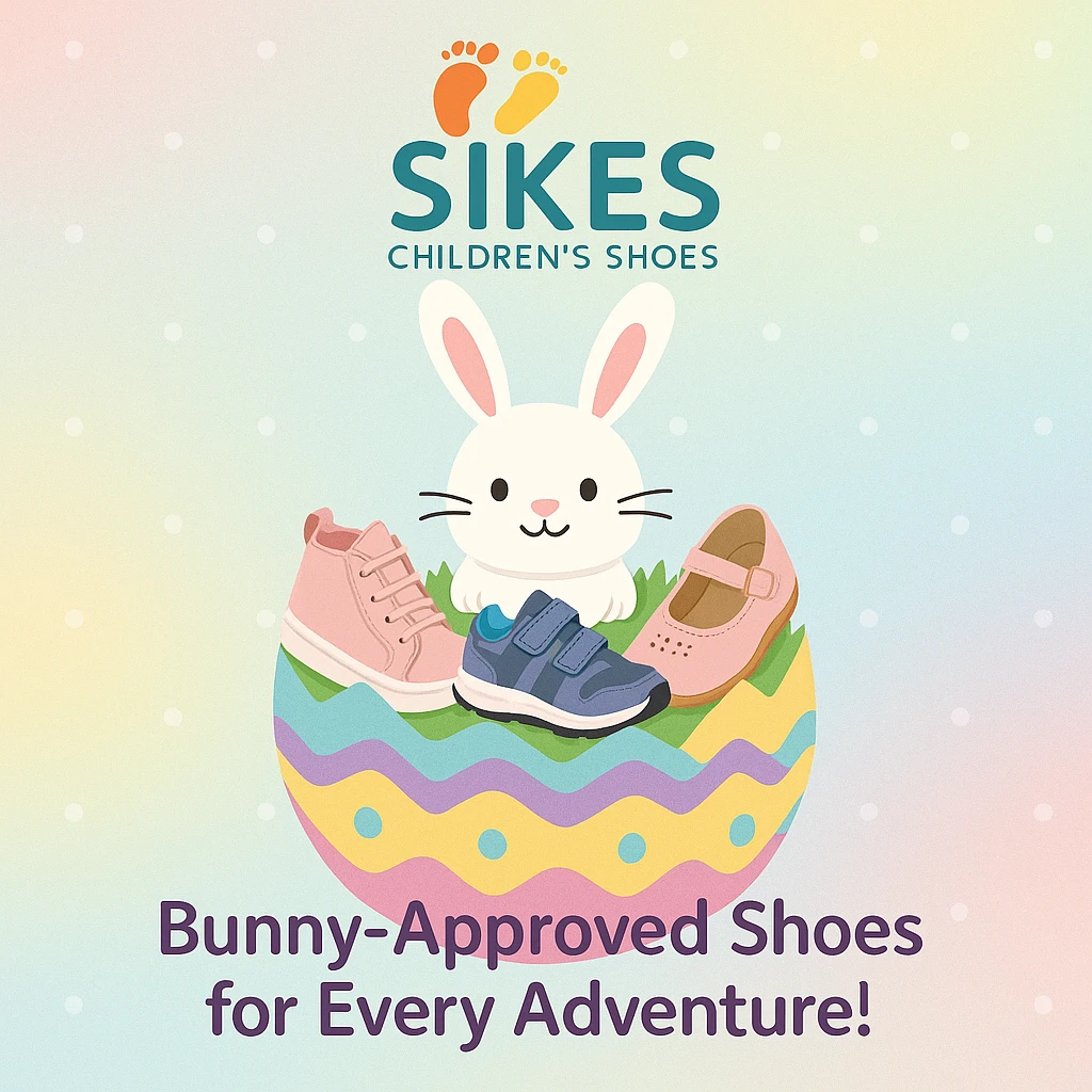 Easter-themed Instagram post for Sikes Children's Shoes with pastel background, logo at top, bunny peeking out of an Easter egg filled with shoes, headline: 'Bunny-Approved Shoes for Every Adventure!'. Include uploaded logo. emoji