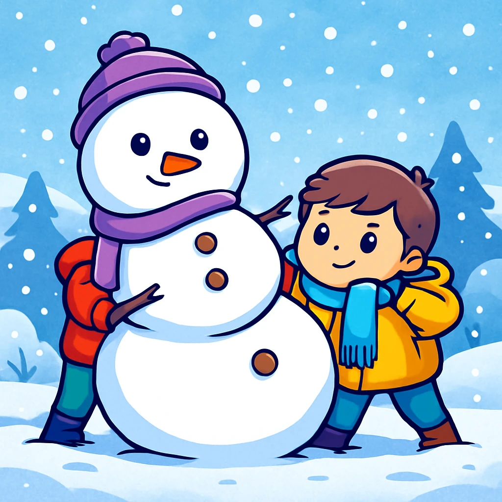 Add a snowy background behind the kids building a snowman, keep the original sticker style emoji