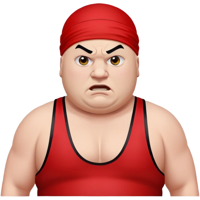 Close-up of white skin fat guy with prominent black durag, completely shaved face, no beard or mustache, black eyes in a red and black wrestling singlet with angry face emoji