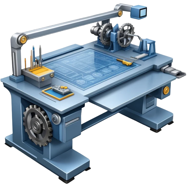 An icon featuring an engineer’s desk with blueprints, a ready machine, and microchips, symbolizing engineering. The design includes gears, tools, and a caliper, representing the design and construction of innovative technologies. Transparent background highlights the precision emoji