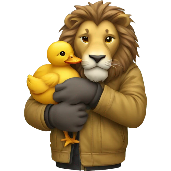 Lion in jacket hugging with duck emoji