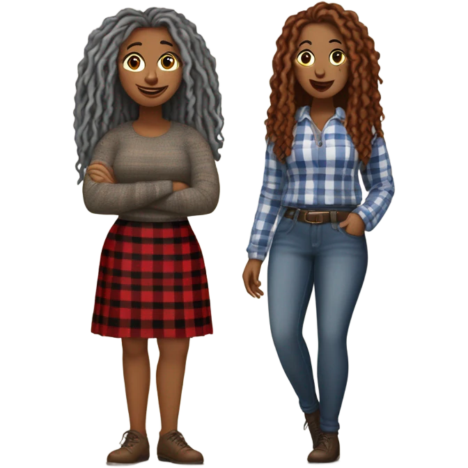 1st Curvy woman gray locs wearing pants  2nd curvy woman is brown with red locs in a skirt with a plaid sweater shopping emoji