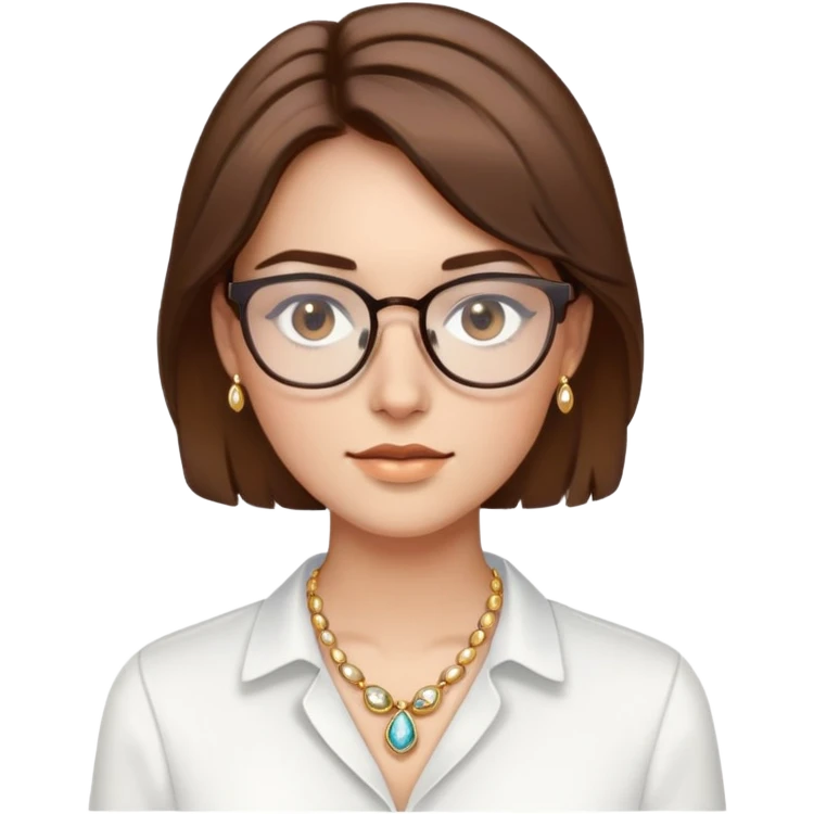 Brown hair, clear glasses, Brown eyes, Clear makeup, White shirt, Golden jewellery. emoji