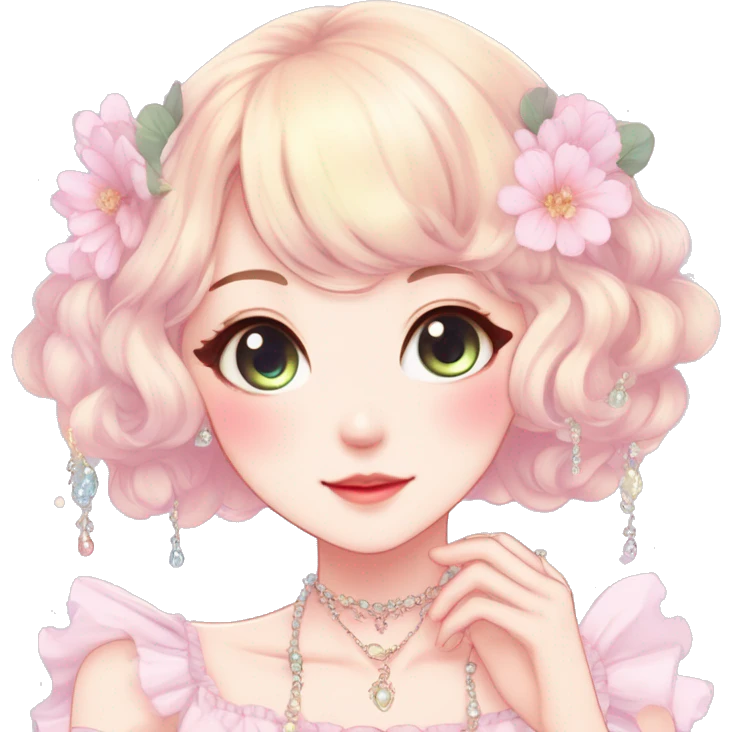 Gorgeous pastel anime style lady with blushing face and fairy dress necklace cottagecore fairycore pastelcore colorful pearly romantic simplistic aesthetic trending style emoji