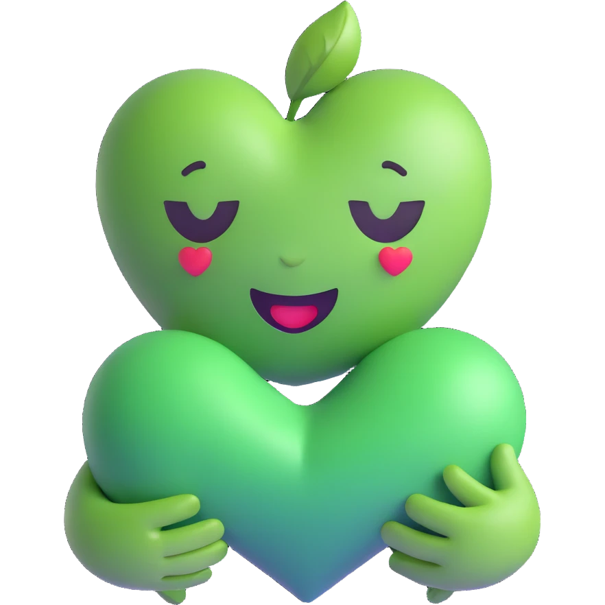 green face emoticon with closed eyes hugging a green heart, expressing care and support emoji