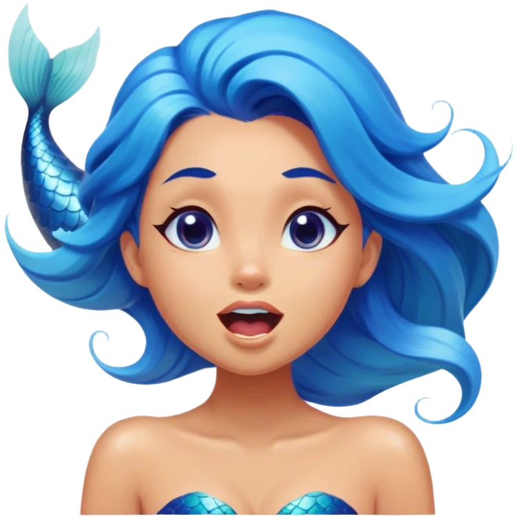Cinematic Realistic Blue Hair Mermaid Portrait, head tilted slightly with a dramatic, wide-open yawn, revealing a tender, relaxed visage with intricately detailed, tanned skin and vibrant, cascading blue hair softly billowing around her. Her dreamy eyes exude a serene, aquatic charm, rendered with gentle underwater lighting and a soft, high-shine finish that captures the essence of a drowsy yet captivating mermaid drifting into tropical slumber. emoji