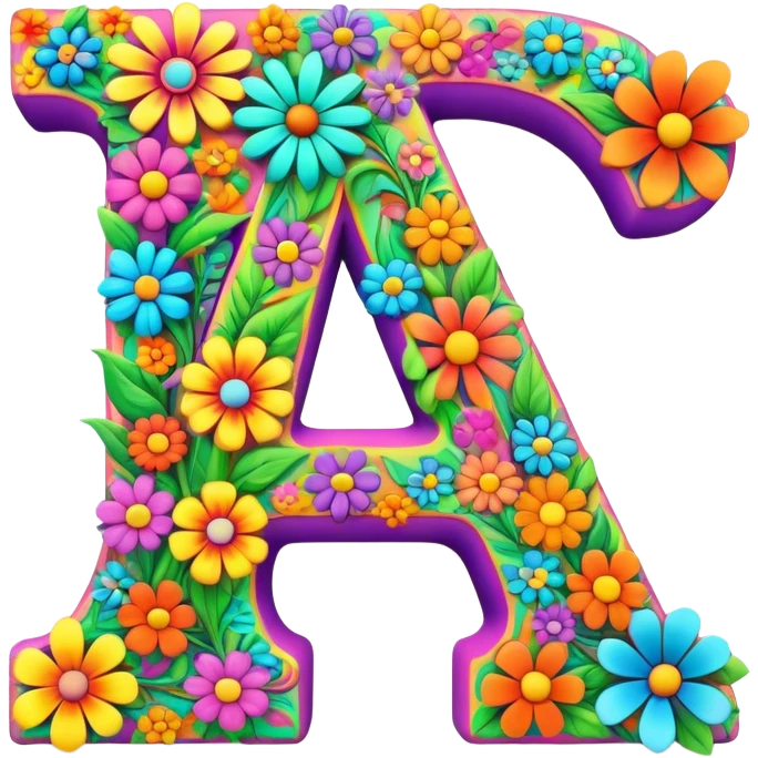 3D style, psychedelic colored Letter A, with hippie style flowers emoji