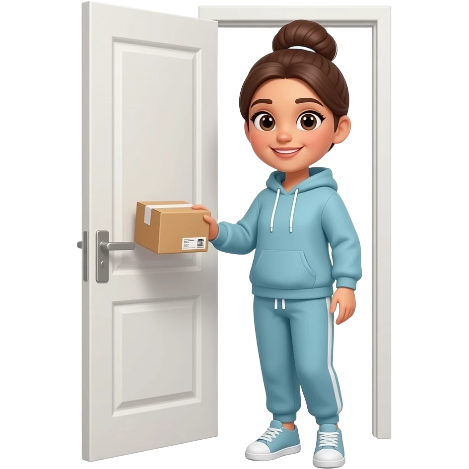 pretty woman in a sweatshirt, sweat pants and a bun opening a door to pick up her package emoji
