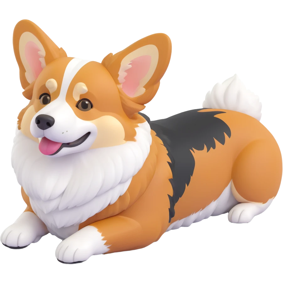 cool redhead tri color corgi, lying down, relaxed, fluffy fur, white, tan, and black markings emoji