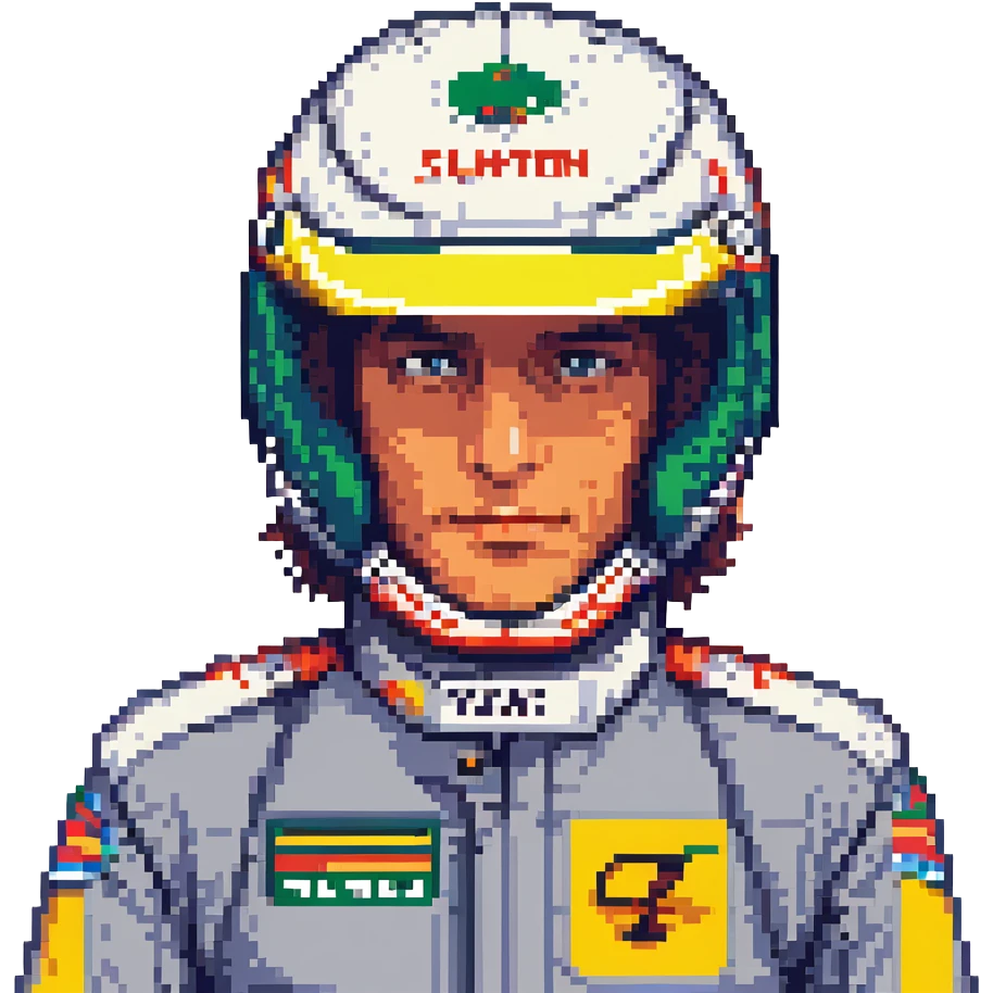 Ayrton Senna, Formula One driver, pixel art, close-up face, racing suit, 8-bit style, vibrant colors emoji