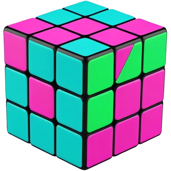 A 3x3 Rubik's Cube in mid-turn, showing movement, with vibrant 90s American colors like neon green, purple, turquoise and hot pink emoji