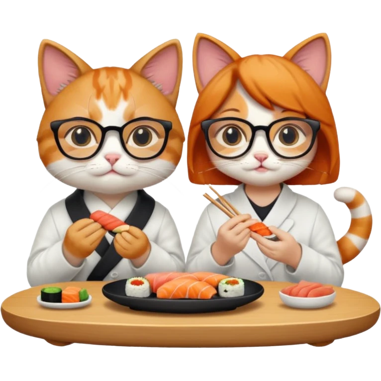 cute girl cat wearing glasses and a cute boy cat eating sushi together emoji