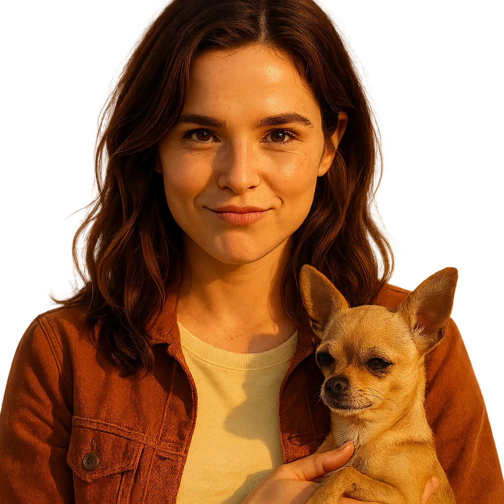 portrait centered of a woman inspired by the face of Zoe Deutch, tanned complexion, subtle freckles, playful and determined expression, medium-length brown hair with auburn highlights, shirt color #FFF8CA, rust-colored jacket, holding a beige-brown chihuahua, golden hour effect, transparent background, Netflix series style emoji