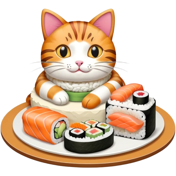 cat with a birthday cake made out of sushi emoji