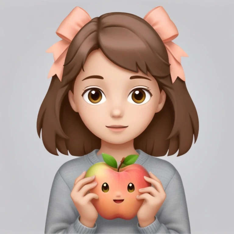 kind girl 12 yrs, brown hair and eyes,headshot, EEAB75 skin tone, comfy everyday clothes, Apple genmojji style, peach bow on grey sweater, and with a playful expression, and hair to shoulders, and as a headshot please  emoji