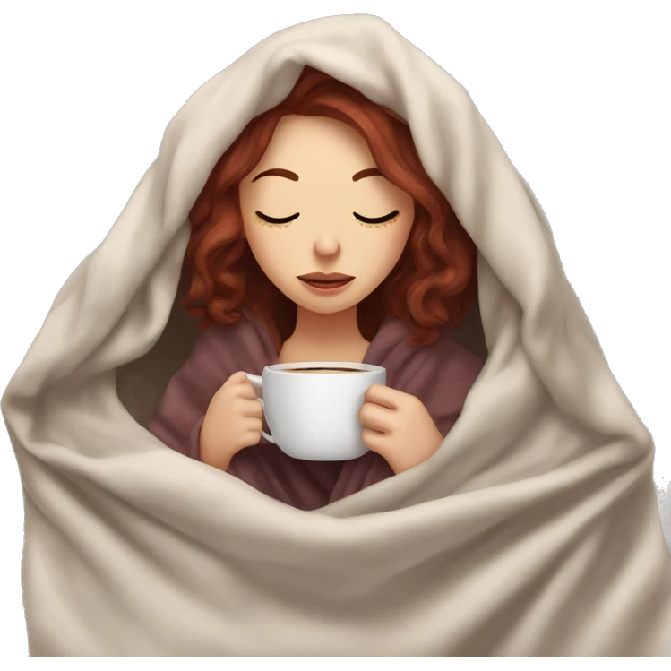 pale burgundy haired girl inside a blanket sipping coffee eyes closed emoji